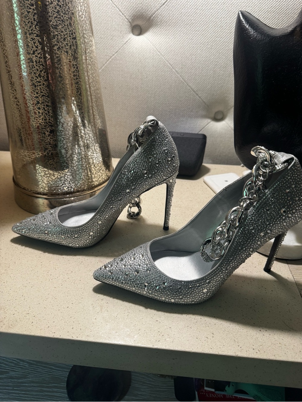 Steve Madden Silver Crystal-Embellished Pointed-Toe Stilettos with Chain Strap